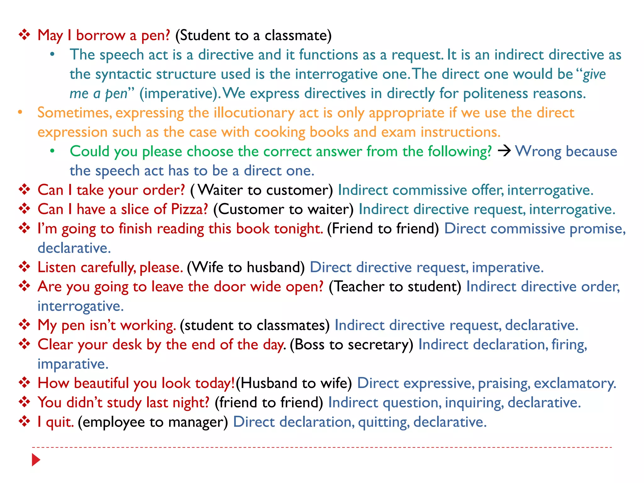  May I borrow a pen? (Student to a classmate)
• The speech act is a directive and it functions as a request. It is an indirect directive as
the syntactic structure used is the interrogative one.The direct one would be “give
me a pen” (imperative).We express directives in directly for politeness reasons.
• Sometimes, expressing the illocutionary act is only appropriate if we use the direct
expression such as the case with cooking books and exam instructions.
• Could you please choose the correct answer from the following?  Wrong because
the speech act has to be a direct one.
 Can I take your order? ( Waiter to customer) Indirect commissive offer, interrogative.
 Can I have a slice of Pizza? (Customer to waiter) Indirect directive request, interrogative.
 I‟m going to finish reading this book tonight. (Friend to friend) Direct commissive promise,
declarative.
 Listen carefully, please. (Wife to husband) Direct directive request, imperative.
 Are you going to leave the door wide open? (Teacher to student) Indirect directive order,
interrogative.
 My pen isn‟t working. (student to classmates) Indirect directive request, declarative.
 Clear your desk by the end of the day. (Boss to secretary) Indirect declaration, firing,
imparative.
 How beautiful you look today!(Husband to wife) Direct expressive, praising, exclamatory.
 You didn‟t study last night? (friend to friend) Indirect question, inquiring, declarative.
 I quit. (employee to manager) Direct declaration, quitting, declarative.
 