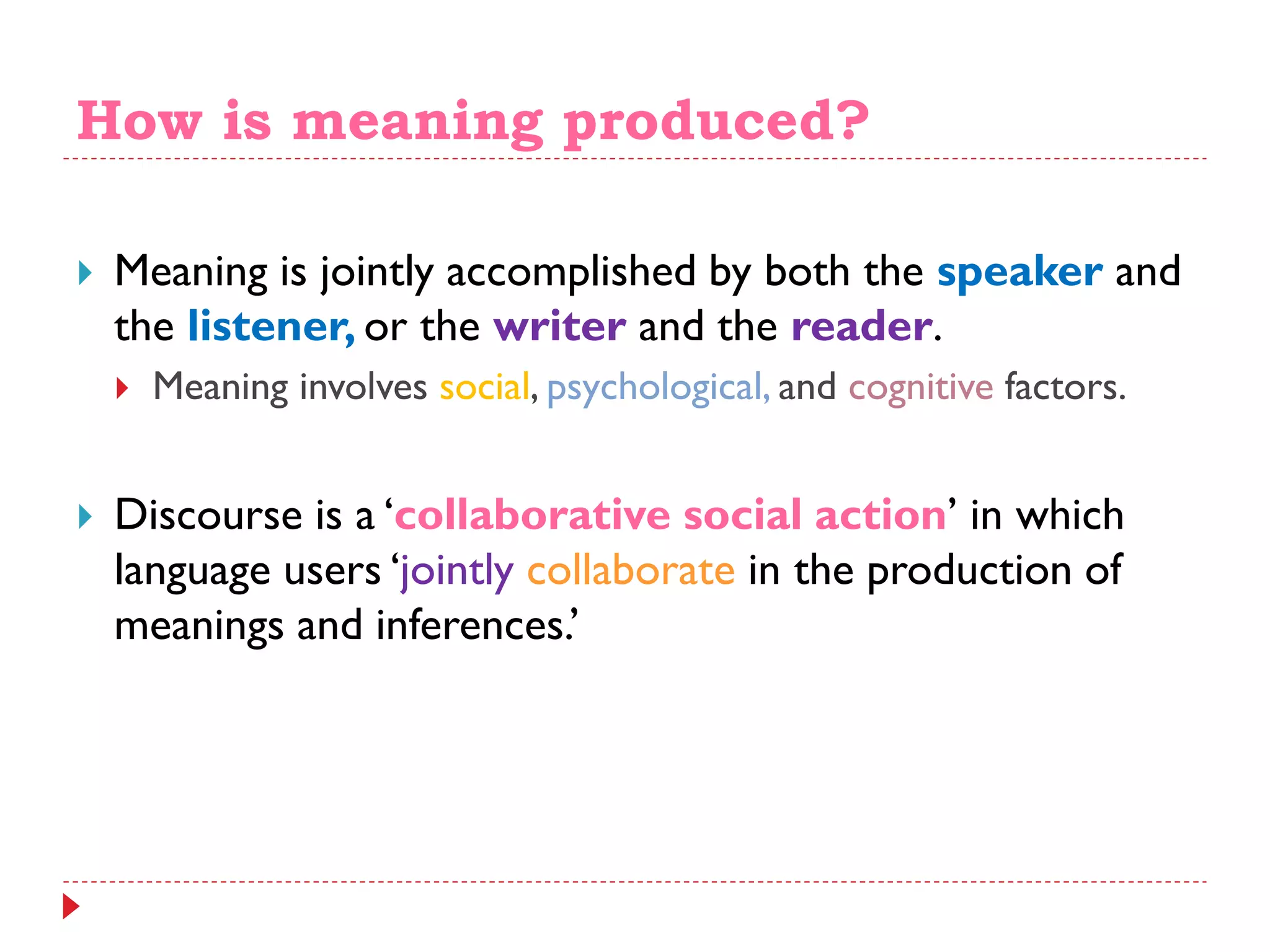 How is meaning produced?
 Meaning is jointly accomplished by both the speaker and
the listener, or the writer and the reader.
 Meaning involves social, psychological, and cognitive factors.
 Discourse is a „collaborative social action‟ in which
language users „jointly collaborate in the production of
meanings and inferences.‟
 