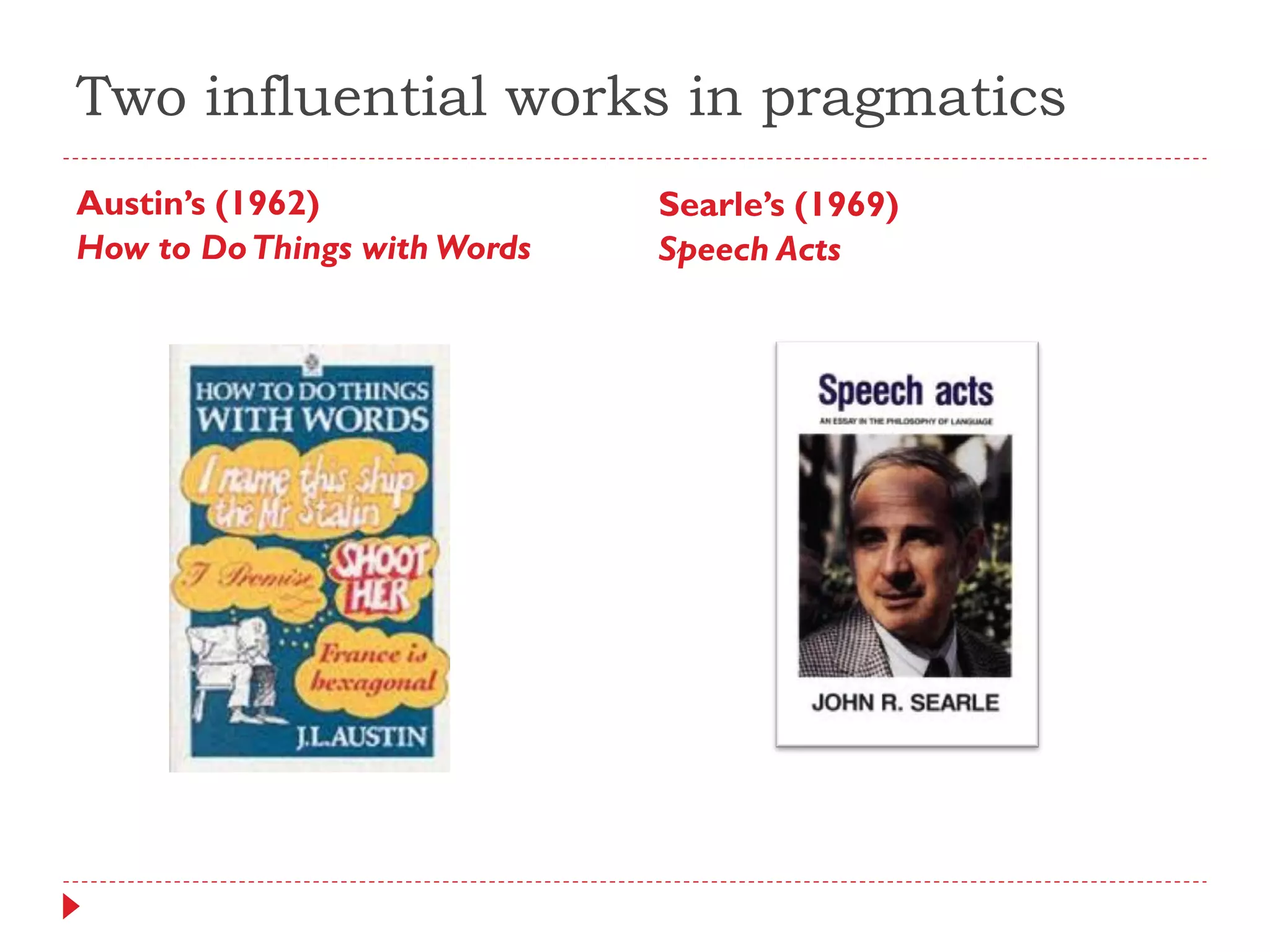 Two influential works in pragmatics
Austin’s (1962)
How to DoThings with Words
Searle’s (1969)
Speech Acts
 