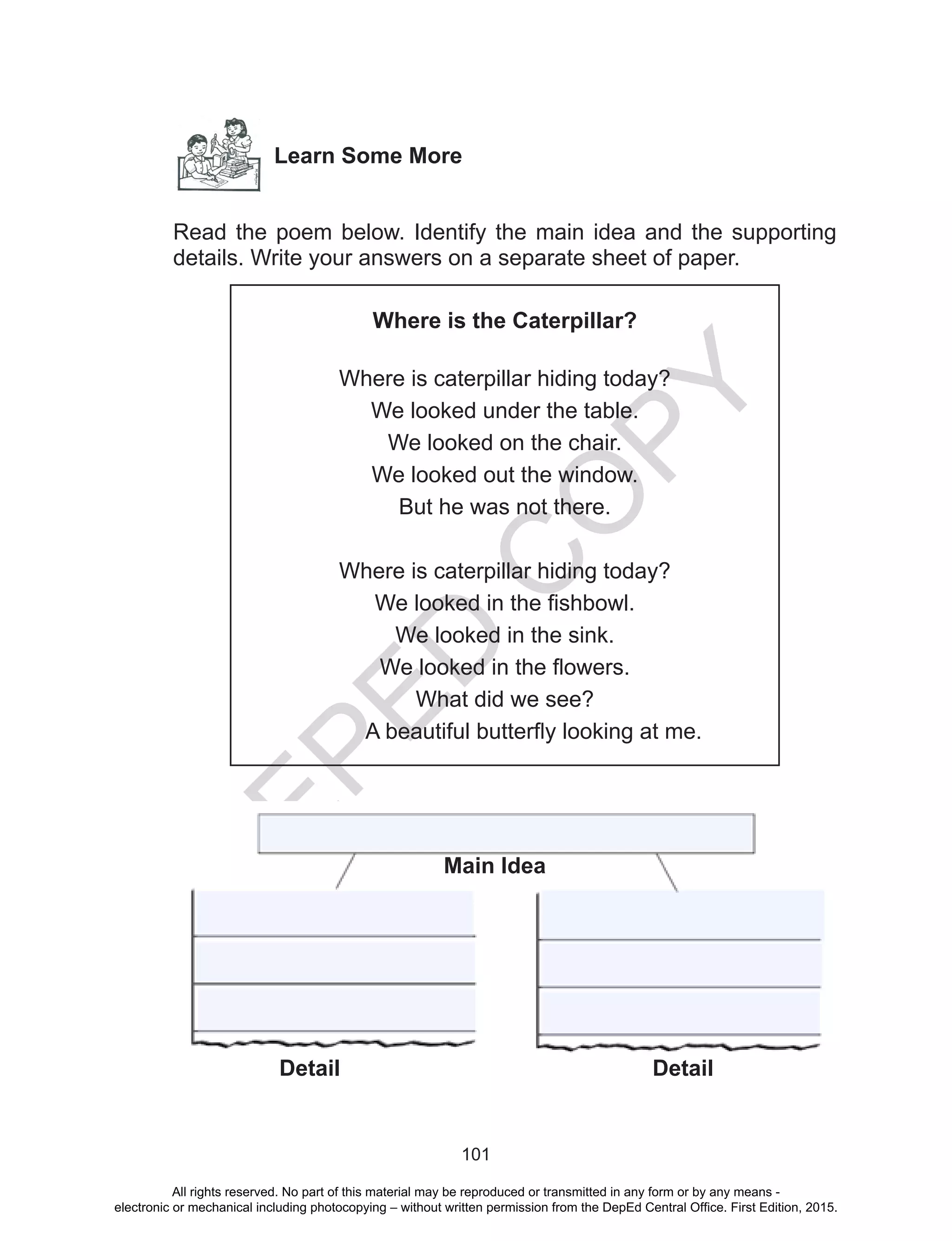 D
EPED
C
O
PY
101
Learn Some More
Read the poem below. Identify the main idea and the supporting
details. Write your answers on a separate sheet of paper.
Where is the Caterpillar?
Where is caterpillar hiding today?
We looked under the table.
We looked on the chair.
We looked out the window.
But he was not there.
Where is caterpillar hiding today?
We looked in the fishbowl.
We looked in the sink.
We looked in the flowers.
What did we see?
A beautiful butterfly looking at me.
Main Idea
Detail Detail
All rights reserved. No part of this material may be reproduced or transmitted in any form or by any means -
electronic or mechanical including photocopying – without written permission from the DepEd Central Office. First Edition, 2015.
 