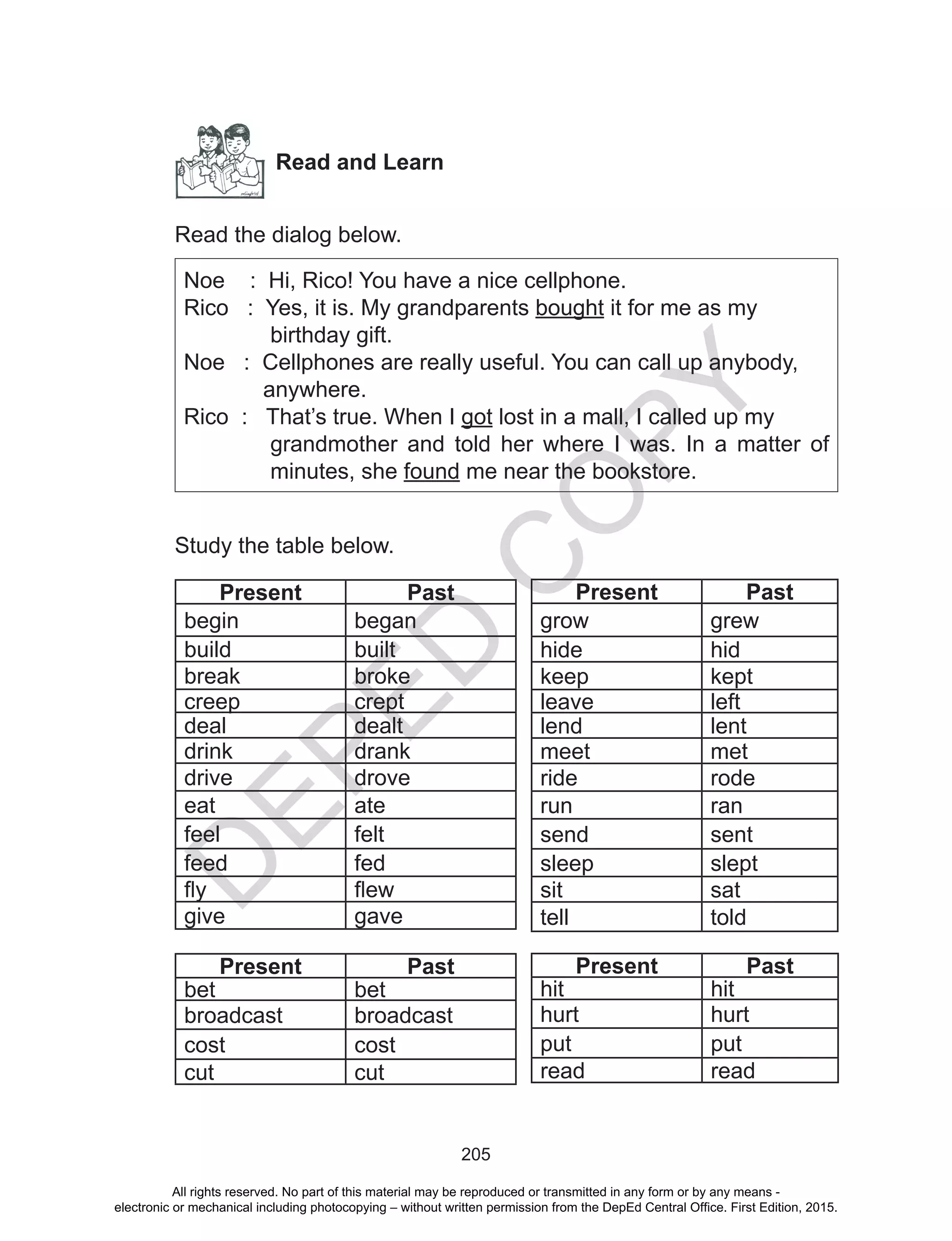 D
EPED
C
O
PY
205
Read and Learn
Read the dialog below.
Noe : Hi, Rico! You have a nice cellphone.
Rico : Yes, it is. My grandparents bought it for me as my
birthday gift.
Noe : Cellphones are really useful. You can call up anybody,
anywhere.
Rico	 : That’s true. When I got lost in a mall, I called up my
grandmother and told her where I was. In a matter of
minutes, she found me near the bookstore.
Study the table below.
Present Past
begin began
build built
break broke
creep crept
deal dealt
drink drank
drive drove
eat ate
feel felt
feed fed
fly flew
give gave
Present Past
grow grew
hide hid
keep kept
leave left
lend lent
meet met
ride rode
run ran
send sent
sleep slept
sit sat
tell told
Present Past
hit hit
hurt hurt
put put
read read
Present Past
bet bet
broadcast broadcast
cost cost
cut cut
All rights reserved. No part of this material may be reproduced or transmitted in any form or by any means -
electronic or mechanical including photocopying – without written permission from the DepEd Central Office. First Edition, 2015.
 
