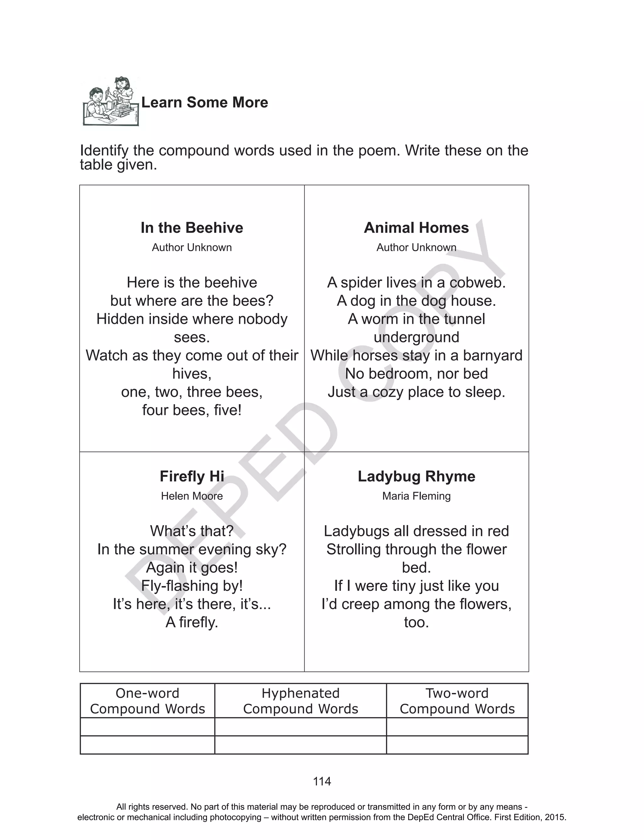 D
EPED
C
O
PY
114
Learn Some More
Identify the compound words used in the poem. Write these on the
table given.
In the Beehive
Author Unknown
Here is the beehive
but where are the bees?
Hidden inside where nobody
sees.
Watch as they come out of their
hives,
one, two, three bees,
four bees, five!
Animal Homes
Author Unknown
A spider lives in a cobweb.
A dog in the dog house.
A worm in the tunnel
underground
While horses stay in a barnyard
No bedroom, nor bed
Just a cozy place to sleep.
Firefly Hi
Helen Moore
What’s that?
In the summer evening sky?
Again it goes!
Fly-flashing by!
It’s here, it’s there, it’s...
A firefly.
Ladybug Rhyme
Maria Fleming
Ladybugs all dressed in red
Strolling through the flower
bed.
If I were tiny just like you
I’d creep among the flowers,
too.
One-word
Compound Words
Hyphenated
Compound Words
Two-word
Compound Words
All rights reserved. No part of this material may be reproduced or transmitted in any form or by any means -
electronic or mechanical including photocopying – without written permission from the DepEd Central Office. First Edition, 2015.
 