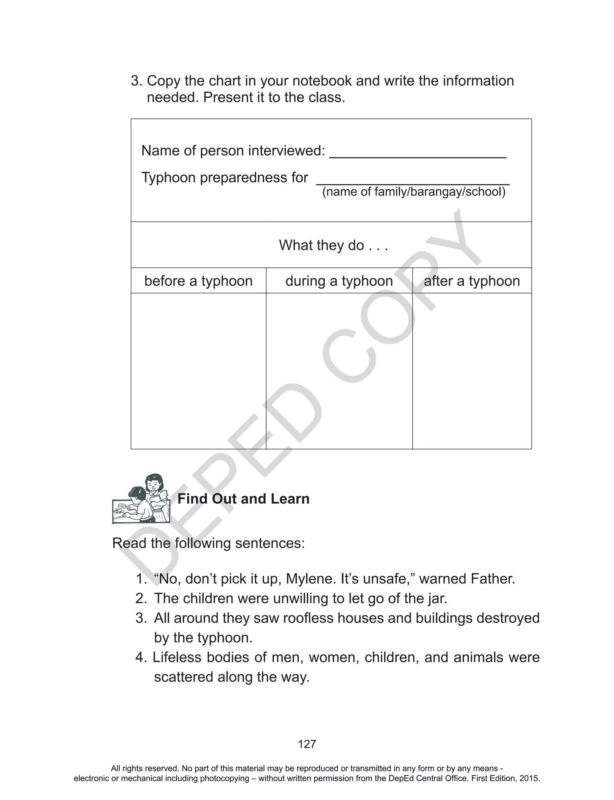 D
EPED
C
O
PY
127
3. Copy the chart in your notebook and write the information
needed. Present it to the class.
Name of person interviewed: ______________________		
		
Typhoon preparedness for ________________________
(name of family/barangay/school)
What they do . . .
before a typhoon during a typhoon after a typhoon
Find Out and Learn
Read the following sentences:
1.	 “No, don’t pick it up, Mylene. It’s unsafe,” warned Father.
2.	 The children were unwilling to let go of the jar.
3.	 All around they saw roofless houses and buildings destroyed
by the typhoon.
4. Lifeless bodies of men, women, children, and animals were
scattered along the way.
All rights reserved. No part of this material may be reproduced or transmitted in any form or by any means -
electronic or mechanical including photocopying – without written permission from the DepEd Central Office. First Edition, 2015.
 