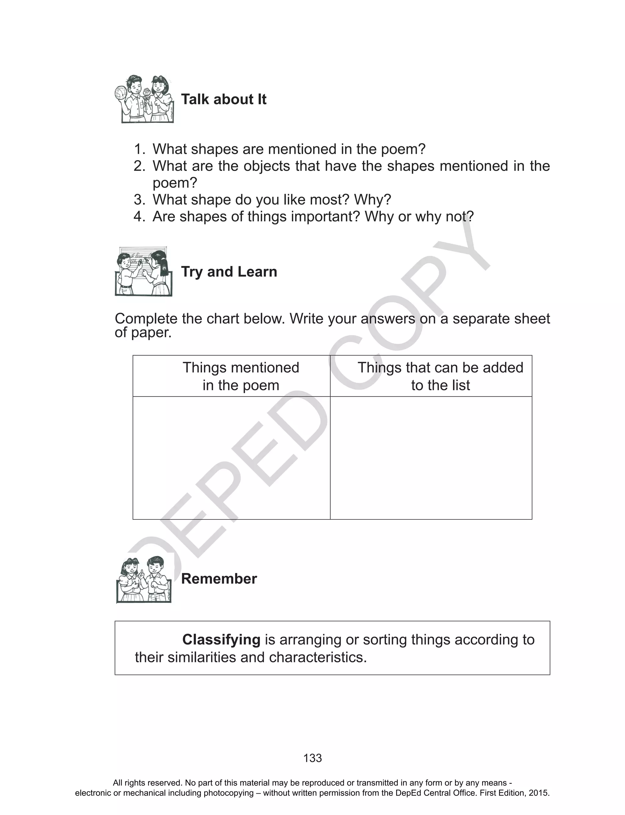 D
EPED
C
O
PY
133
Talk about It
1.	 What shapes are mentioned in the poem?
2.	 What are the objects that have the shapes mentioned in the
poem?
3.	 What shape do you like most? Why?
4.	 Are shapes of things important? Why or why not?
5.	
6.	
7.	
Try and Learn
Complete the chart below. Write your answers on a separate sheet
of paper.
Things mentioned
in the poem
Things that can be added
to the list
Remember
Classifying is arranging or sorting things according to
their similarities and characteristics.
All rights reserved. No part of this material may be reproduced or transmitted in any form or by any means -
electronic or mechanical including photocopying – without written permission from the DepEd Central Office. First Edition, 2015.
 