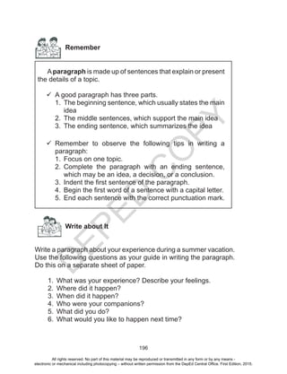 D
EPED
C
O
PY
196
Remember
Aparagraph is made up of sentences that explain or present
the details of a topic.
	A good paragraph has three parts.
1.	 The beginning sentence, which usually states the main
idea
2.	 The middle sentences, which support the main idea
3.	 The ending sentence, which summarizes the idea
	Remember to observe the following tips in writing a
paragraph:
1.	 Focus on one topic.
2.	 Complete the paragraph with an ending sentence,
which may be an idea, a decision, or a conclusion.
3.	 Indent the first sentence of the paragraph.
4.	 Begin the first word of a sentence with a capital letter.
5.	 End each sentence with the correct punctuation mark.
Write about It
Write a paragraph about your experience during a summer vacation.
Use the following questions as your guide in writing the paragraph.
Do this on a separate sheet of paper.
1.	 What was your experience? Describe your feelings.
2.	 Where did it happen?
3.	 When did it happen?
4.	 Who were your companions?
5.	 What did you do?
6.	 What would you like to happen next time?
All rights reserved. No part of this material may be reproduced or transmitted in any form or by any means -
electronic or mechanical including photocopying – without written permission from the DepEd Central Office. First Edition, 2015.
 