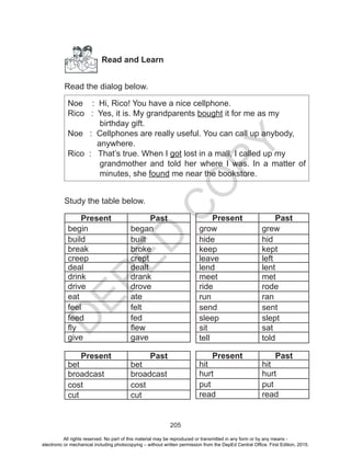 D
EPED
C
O
PY
205
Read and Learn
Read the dialog below.
Noe : Hi, Rico! You have a nice cellphone.
Rico : Yes, it is. My grandparents bought it for me as my
birthday gift.
Noe : Cellphones are really useful. You can call up anybody,
anywhere.
Rico	 : That’s true. When I got lost in a mall, I called up my
grandmother and told her where I was. In a matter of
minutes, she found me near the bookstore.
Study the table below.
Present Past
begin began
build built
break broke
creep crept
deal dealt
drink drank
drive drove
eat ate
feel felt
feed fed
fly flew
give gave
Present Past
grow grew
hide hid
keep kept
leave left
lend lent
meet met
ride rode
run ran
send sent
sleep slept
sit sat
tell told
Present Past
hit hit
hurt hurt
put put
read read
Present Past
bet bet
broadcast broadcast
cost cost
cut cut
All rights reserved. No part of this material may be reproduced or transmitted in any form or by any means -
electronic or mechanical including photocopying – without written permission from the DepEd Central Office. First Edition, 2015.
 