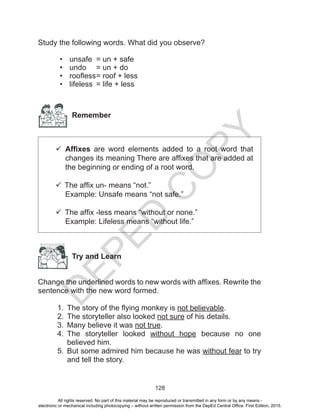 D
EPED
C
O
PY
128
Study the following words. What did you observe?
•	 unsafe	 = un + safe
•	 undo	 = un + do
•	 roofless	= roof + less
•	 lifeless	 = life + less
Remember
	Affixes are word elements added to a root word that
changes its meaning There are affixes that are added at
the beginning or ending of a root word.
	
	The affix un- means “not.”
Example: Unsafe means “not safe.”
	The affix -less means “without or none.”
Example: Lifeless means “without life.”
Try and Learn
Change the underlined words to new words with affixes. Rewrite the
sentence with the new word formed.
1.	 The story of the flying monkey is not believable.
2.	 The storyteller also looked not sure of his details.
3.	 Many believe it was not true.
4.	 The storyteller looked without hope because no one
believed him.
5.	 But some admired him because he was without fear to try
and tell the story.
All rights reserved. No part of this material may be reproduced or transmitted in any form or by any means -
electronic or mechanical including photocopying – without written permission from the DepEd Central Office. First Edition, 2015.
 