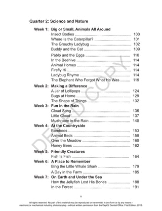 D
EPED
C
O
PY
v
Quarter 2: Science and Nature
Week 1: Big or Small, Animals All Around
Insect Bodies ..................................................... 100
Where Is the Caterpillar? .................................. 101
The Grouchy Ladybug ....................................... 102
Buddy and the Cat ............................................ 109
Pablo and the Eggs .......................................... 110
In the Beehive ................................................... 114
Animal Homes .................................................. 114
Firefly Hi ............................................................ 114
Ladybug Rhyme ............................................... 114
The Elephant Who Forgot What He Was ......... 119
Week 2: Making a Difference
A Jar of Lollipops .............................................. 124
Bugs at Home ............................................ ...... 129
The Shape of Things ........................................ 132
Week 3: Fun in the Rain
Cloud Song ...................................................... 136
Little Cloud ....................................................... 137
Mushroom in the Rain ...................................... 140
Week 4: At the Countryside
Bamboos .......................................................... 153
Animal Beds ..................................................... 158
Over the Meadow ............................................. 160
Honey Bees ...................................................... 162
Week 5: Friendly Creatures
Fish Is Fish ...................................................... 164
Week 6: A Place to Remember
Bing the Little Whale Shark .............................. 179
A Day in the Farm ............................................. 185
Week 7: On Earth and Under the Sea
How the Jellyfish Lost His Bones ..................... 188
In the Forest ..................................................... 191
All rights reserved. No part of this material may be reproduced or transmitted in any form or by any means -
electronic or mechanical including photocopying – without written permission from the DepEd Central Office. First Edition, 2015.
 