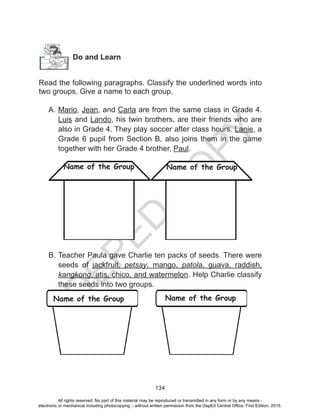 D
EPED
C
O
PY
134
Do and Learn
Read the following paragraphs. Classify the underlined words into
two groups. Give a name to each group.
A.	Mario, Jean, and Carla are from the same class in Grade 4.
Luis and Lando, his twin brothers, are their friends who are
also in Grade 4. They play soccer after class hours. Lanie, a
Grade 6 pupil from Section B, also joins them in the game
together with her Grade 4 brother, Paul.
B.	Teacher Paula gave Charlie ten packs of seeds. There were
seeds of jackfruit, petsay, mango, patola, guava, raddish,
kangkong, atis, chico, and watermelon. Help Charlie classify
these seeds into two groups.
Name of the Group Name of the Group
Name of the Group Name of the Group
All rights reserved. No part of this material may be reproduced or transmitted in any form or by any means -
electronic or mechanical including photocopying – without written permission from the DepEd Central Office. First Edition, 2015.
 