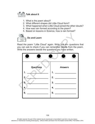D
EPED
C
O
PY
139
Talk about It
1.	 What is the poem about?
2.	 What different shapes did Little Cloud form?
3.	 What happened when Little Cloud joined the other clouds?
4.	 How was rain formed according to the poem?
5.	 Based on lessons in Science, how is rain formed?
Do and Learn
Read the poem “Little Cloud” again. Write five wh- questions that
you can ask to check if you can remember details from the poem.
Write the answers beside the questions you have written.
Questions
1. _______________
2. _______________
3. _______________
4. _______________
5. _______________
Answers
1. _______________
2. _______________
3. _______________
4. _______________
5. _______________
All rights reserved. No part of this material may be reproduced or transmitted in any form or by any means -
electronic or mechanical including photocopying – without written permission from the DepEd Central Office. First Edition, 2015.
 