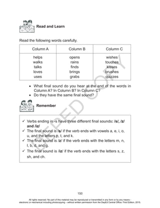 D
EPED
C
O
PY
150
Read and Learn
Read the following words carefully.
Column A Column B Column C
helps
walks
talks
loves
uses
opens
rains
finds
brings
grabs
wishes
touches
kisses
brushes
quizzes
•	 What final sound do you hear at the end of the words in
Column A? In Column B? In Column C?
•	 Do they have the same final sound?
Remember
	Verbs ending in -s have three different final sounds: /s/, /z/
and /iz/
	The final sound is /s/ if the verb ends with vowels a, e, i, o,
u, and the letters p, t, and k.
	The final sound is /z/ if the verb ends with the letters m, n,
l, b, d, and g.
	The final sound is /iz/ if the verb ends with the letters s, z,
sh, and ch.
All rights reserved. No part of this material may be reproduced or transmitted in any form or by any means -
electronic or mechanical including photocopying – without written permission from the DepEd Central Office. First Edition, 2015.
 