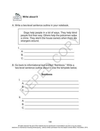 D
EPED
C
O
PY
156
Write about It
A. Write a two-level sentence outline in your notebook.
Dogs help people in a lot of ways. They help blind
people find their way. Others help the policemen solve
a crime. They alarm the house owners when there are
strangers around.
	 I. ________________________________________
A.	______________________________________
B.	______________________________________
C.	______________________________________
B. Go back to informational text entitled “Bamboos.” Write a
two-level sentence outline about it. Use the template below.
Bamboos
I.	 ___________________________________________
A.	_________________________________________
B.	_________________________________________
C.	_________________________________________
II.	 ___________________________________________
A.	_________________________________________
B.	_________________________________________
C.	_________________________________________
All rights reserved. No part of this material may be reproduced or transmitted in any form or by any means -
electronic or mechanical including photocopying – without written permission from the DepEd Central Office. First Edition, 2015.
 