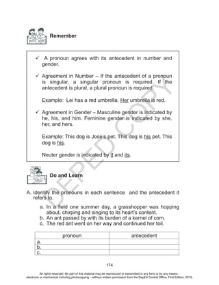 D
EPED
C
O
PY
174
Remember
	A pronoun agrees with its antecedent in number and
gender.
	Agreement in Number – If the antecedent of a pronoun
is singular, a singular pronoun is required. If the
antecedent is plural, a plural pronoun is required.
Example: Lei has a red umbrella. Her umbrella is red.
	Agreement in Gender – Masculine gender is indicated by
he, his, and him. Feminine gender is indicated by she,
her, and hers.
Example: This dog is Jose’s pet. This dog is his pet. This
dog is his.
	 Neuter gender is indicated by it and its.
Do and Learn
A.	Identify the pronouns in each sentence and the antecedent it
refers to.
a.	 In a field one summer day, a grasshopper was hopping
about, chirping and singing to its heart’s content.
b.	 An ant passed by with its burden of a kernel of corn.
c.	 The red ant went on her way and continued her toil.
pronoun antecedent
a.
b.
c.
All rights reserved. No part of this material may be reproduced or transmitted in any form or by any means -
electronic or mechanical including photocopying – without written permission from the DepEd Central Office. First Edition, 2015.
 
