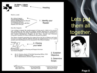 Heading




       1 . Identify your
            Reader
                                        Lets put
                                        them all
                                       together.
4. Closing
your letter


                        2. Establish
                        Objective.
                        3. Determine
                        Scope.




                                           Page 8
 