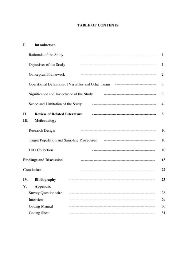 table of contents term paper