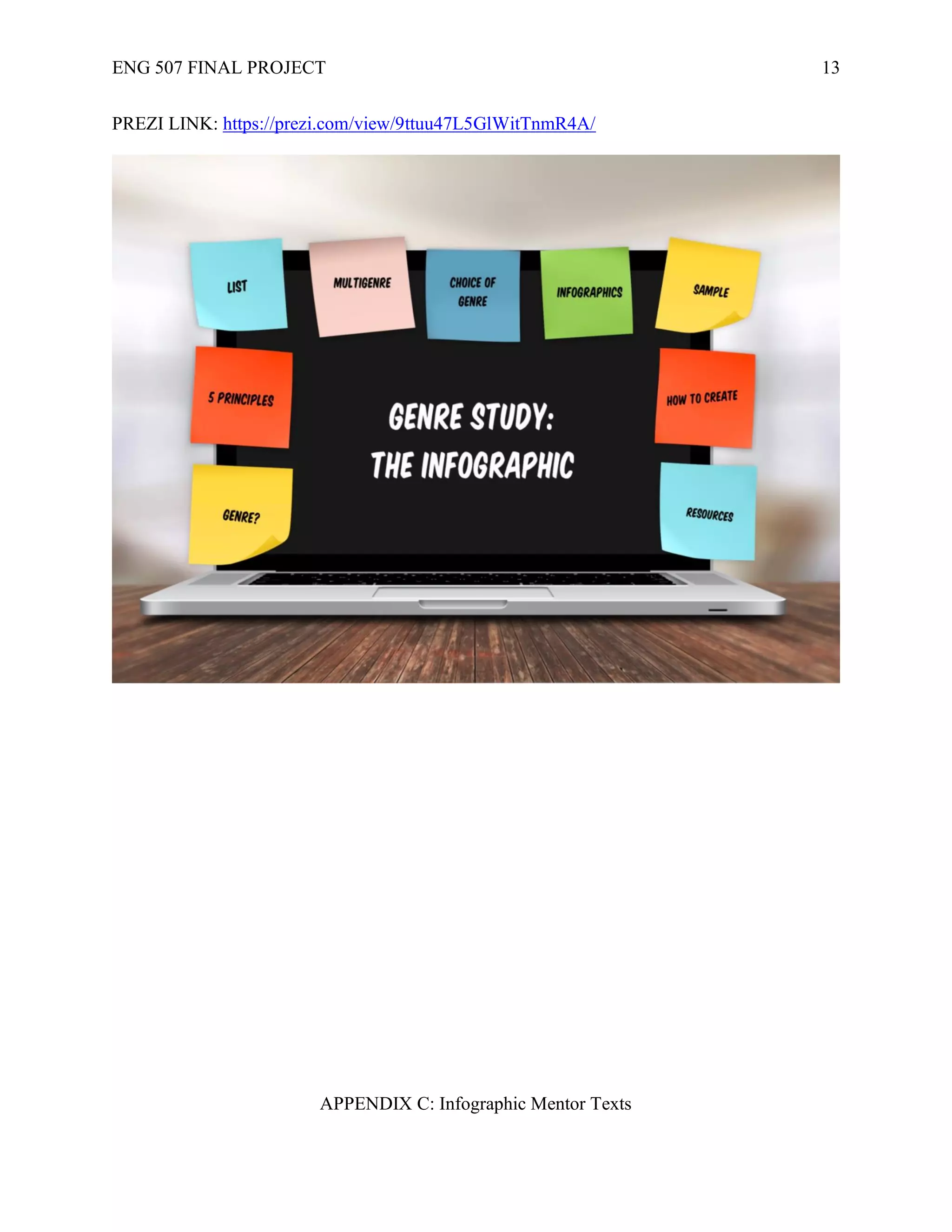 ENG 507 FINAL PROJECT 13
PREZI LINK: https://prezi.com/view/9ttuu47L5GlWitTnmR4A/
APPENDIX C: Infographic Mentor Texts
 