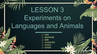 LESSON 3
Experiments on
Languages and Animals
 VIKI
 WASHOE
 NIM
 CHANTEK
 KOKO
 KANZI
 