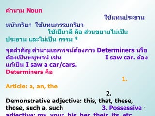 คำนาม  Noun   ใช้แทนประธาน หน้ากริยา  ใช้แทนกรรมกริยา   ใช้เป็นวลี คือ ส่วนขยายไม่เป็นประธาน และไม่เป็น กรรม  *   จุดสำคัญ...
