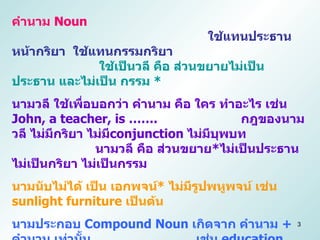 คำนาม  Noun   ใช้แทนประธาน หน้ากริยา  ใช้แทนกรรมกริยา   ใช้เป็นวลี คือ ส่วนขยายไม่เป็นประธาน และไม่เป็น กรรม  *   นามวลี ใ...