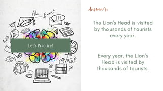 The Lion's Head is visited
by thousands of tourists
every year.
Let's Practice!
Every year, the Lion's
Head is visited by
thousands of tourists.
Answer/s:
 