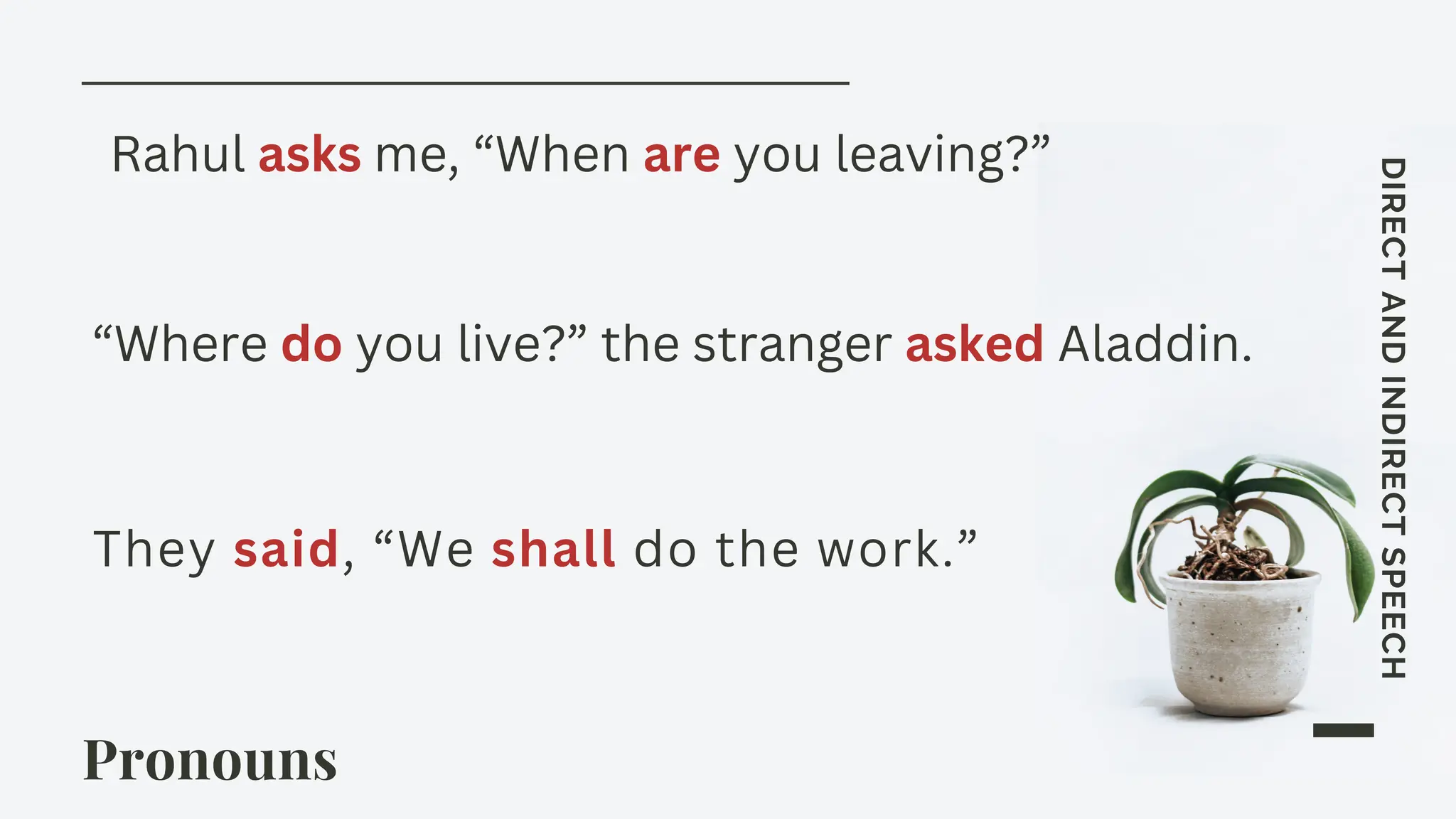 Pronouns
DIRECT
AND
INDIRECT
SPEECH
Rahul asks me, “When are you leaving?”
“Where do you live?” the stranger asked Aladdin.
They said, “We shall do the work.”
 