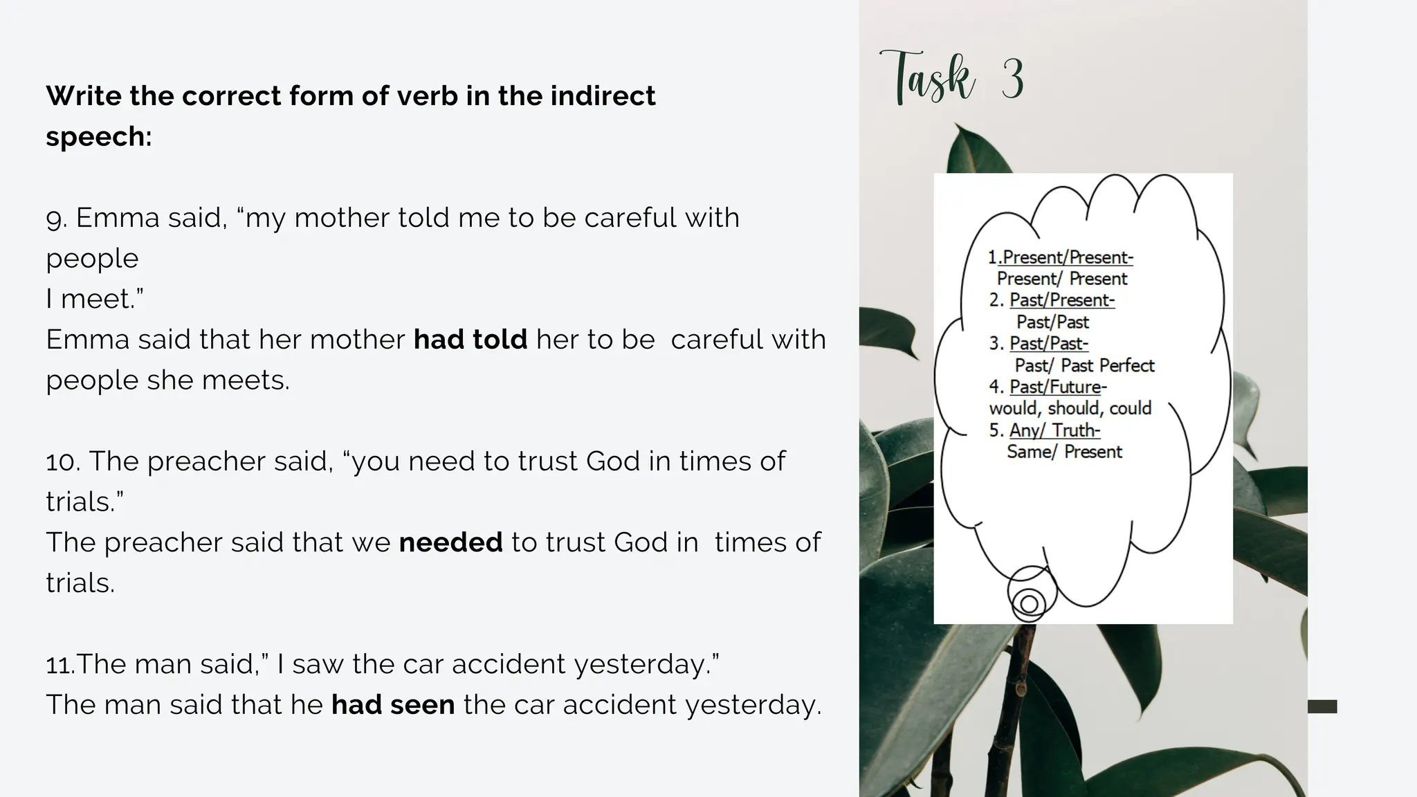 Write the correct form of verb in the indirect
speech:
9. Emma said, “my mother told me to be careful with
people
I meet.”
Emma said that her mother had told her to be careful with
people she meets.
10. The preacher said, “you need to trust God in times of
trials.”
The preacher said that we needed to trust God in times of
trials.
11.The man said,” I saw the car accident yesterday.”
The man said that he had seen the car accident yesterday.
Task 3
 