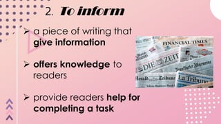 Purpose Inform Understanding Common Purposes of Writing | PPTX