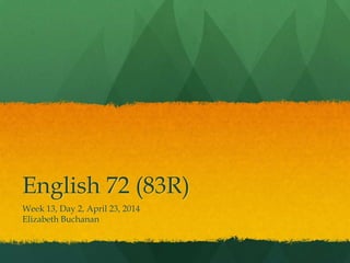 English 72 (83R)
Week 13, Day 2, April 23, 2014
Elizabeth Buchanan
 