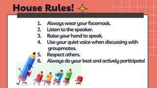 House Rules!
1. Alwayswearyourfacemask.
2. Listentothespeaker.
3. Raiseyourhandtospeak.
4. Useyourquietvoicewhendiscussingwith
groupmates.
5. Respectothers.
6. Alwaysdoyourbestandactivelyparticipate!
 