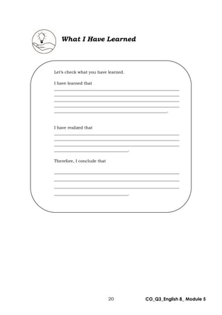 20 CO_Q3_English 8_ Module 5
What I Have Learned
Let’s check what you have learned.
I have learned that
_____________________________________________________________
_____________________________________________________________
_____________________________________________________________
_____________________________________________________________
_______________________________________________________.
I have realized that
_____________________________________________________________
_____________________________________________________________
_____________________________________________________________
____________________________________.
Therefore, I conclude that
_____________________________________________________________
_____________________________________________________________
_____________________________________________________________
____________________________________.
 