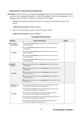 16 CO_Q4_English 8_Module 1
Assessment 3. Develop the Statements
Directions: Write at least a five-sentence paragraph based on the following topic sentences
and use the recommended pattern of idea development. Write your paragraphs on a
separate sheet of paper. A rubric is provided as your guide.
1. Bullying is rampant nowadays, but there are steps one can take to prevent and
stop it.
Pattern to be used: Problem-Solution
2. There are several reasons why a child becomes a bully.
Pattern to be used: Cause and Effect
Paragraph Writing Rubric
CRITERIA SCORE INDICATOR SCORE
Pattern of Idea
Development
1-5 points
– The paragraph clearly follows appropriate structure of the pattern of
idea development.
- The paragraph follows appropriate structure of the pattern of idea
development.
- The paragraph fairly follows appropriate structure of the pattern of
idea development.
- The paragraph poorly follows appropriate structure of the pattern of
idea development.
The paragraph fails to follow appropriate structure of the pattern of
idea development.
Grammatical
Signals
1-5 points
- All grammatical signals used are appropriate to the pattern of idea
development.
- Most grammatical signals used are appropriate to the pattern of idea
development.
Several grammatical signals used are appropriate to the pattern of
idea development.
Some grammatical signals used are inappropriate to the pattern of
idea development.
Most grammatical signals used are inappropriate to the pattern of idea
development.
Grammar and
Mechanics
1-5 points
- The paragraph is free from any grammatical and language mechanic
errors (punctuation, spelling, and capitalization).
- The paragraph has few grammatical and language mechanic errors
(punctuation, spelling, and capitalization).
- The paragraph has several grammatical and language mechanic
errors (punctuation, spelling, and capitalization).
- The paragraph has many grammatical and language mechanic errors
(punctuation, spelling, and capitalization).
-The paragraph is full of grammatical and language mechanic errors
(punctuation, spelling, and capitalization).
 