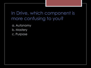 In Drive, which component is
more confusing to you?
a. Autonomy
b. Mastery
c. Purpose
 
