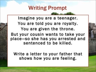 Writing Prompt Imagine you are a teenager. You are told you are royalty. You are given the throne. But your cousin wants to take your place—so she has you arrested and sentenced to be killed. Write a letter to your father that shows how you are feeling. 