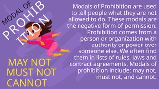 PRO
H
IB
ITIO
N
M
ODAL OF Modals of Prohibition are used
to tell people what they are not
allowed to do. These modals are
the negative form of permission.
Prohibition comes from a
person or organization with
authority or power over
someone else. We often find
them in lists of rules, laws and
contract agreements. Modals of
prohibition include: may not,
must not, and cannot.
MAY NOT
MUST NOT
CANNOT
 