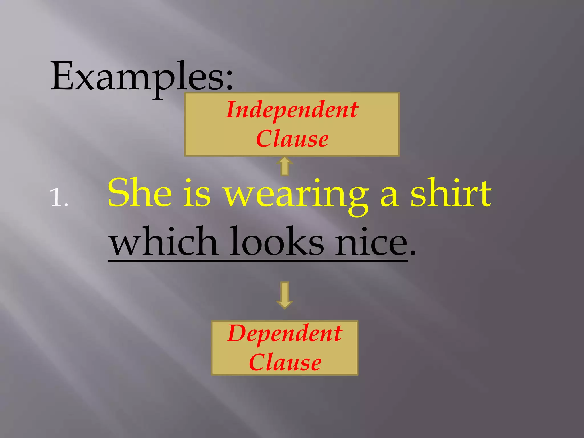 Examples:
1. She is wearing a shirt
which looks nice.
Independent
Clause
Dependent
Clause
 
