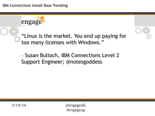 3/14/14 @EngageUG
#engageug
IBM Connections Install Base Trending
“Linux is the market. You end up paying for
too many licenses with Windows.”
– Susan Bulloch, IBM Connections Level 2
Support Engineer; @notesgoddess
 