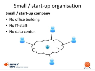 Small / start-up organisation
Small / start-up company
• No office building
• No IT-staff
• No data center
 