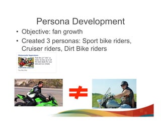 Persona Development
•  Objective: fan growth
•  Created 3 personas: Sport bike riders,
   Cruiser riders, Dirt Bike riders
 