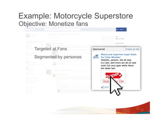 Example: Motorcycle Superstore
Objective: Monetize fans


     Targeted at Fans
     Segmented by personas
 