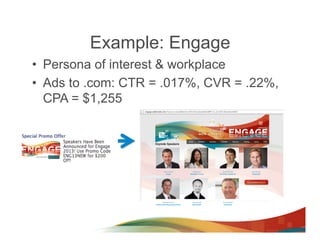 Example: Engage
•  Persona of interest & workplace
•  Ads to .com: CTR = .017%, CVR = .22%,
   CPA = $1,255
 