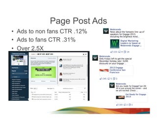 Page Post Ads
•  Ads to non fans CTR .12%
•  Ads to fans CTR .31%
•  Over 2.5X
 