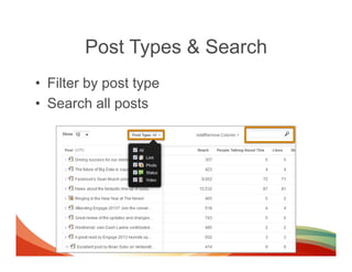Post Types & Search
•  Filter by post type
•  Search all posts
 