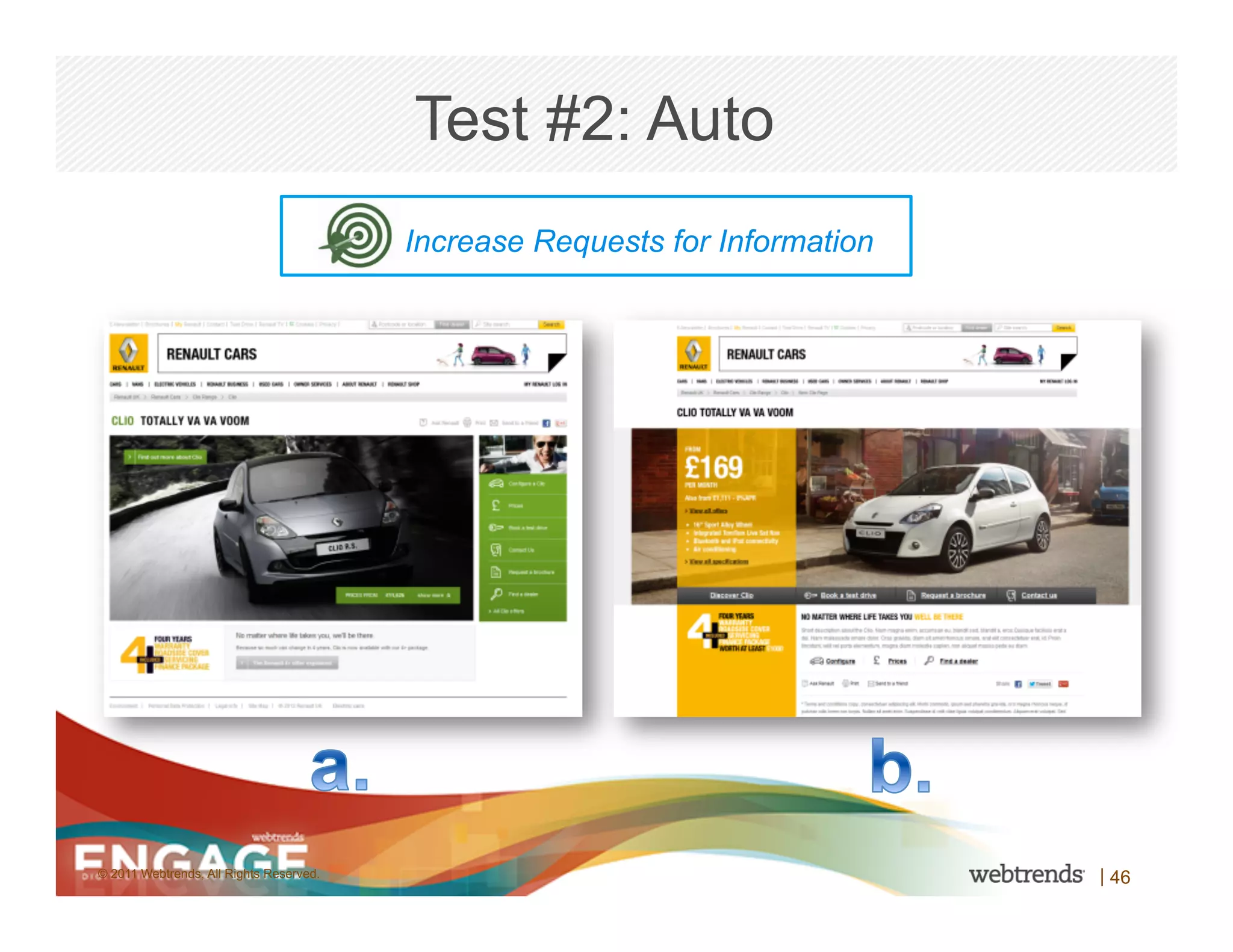 Test #2: Auto
                                         Increase Requests for Information




© 2011 Webtrends, All Rights Reserved.                                       | 46
 