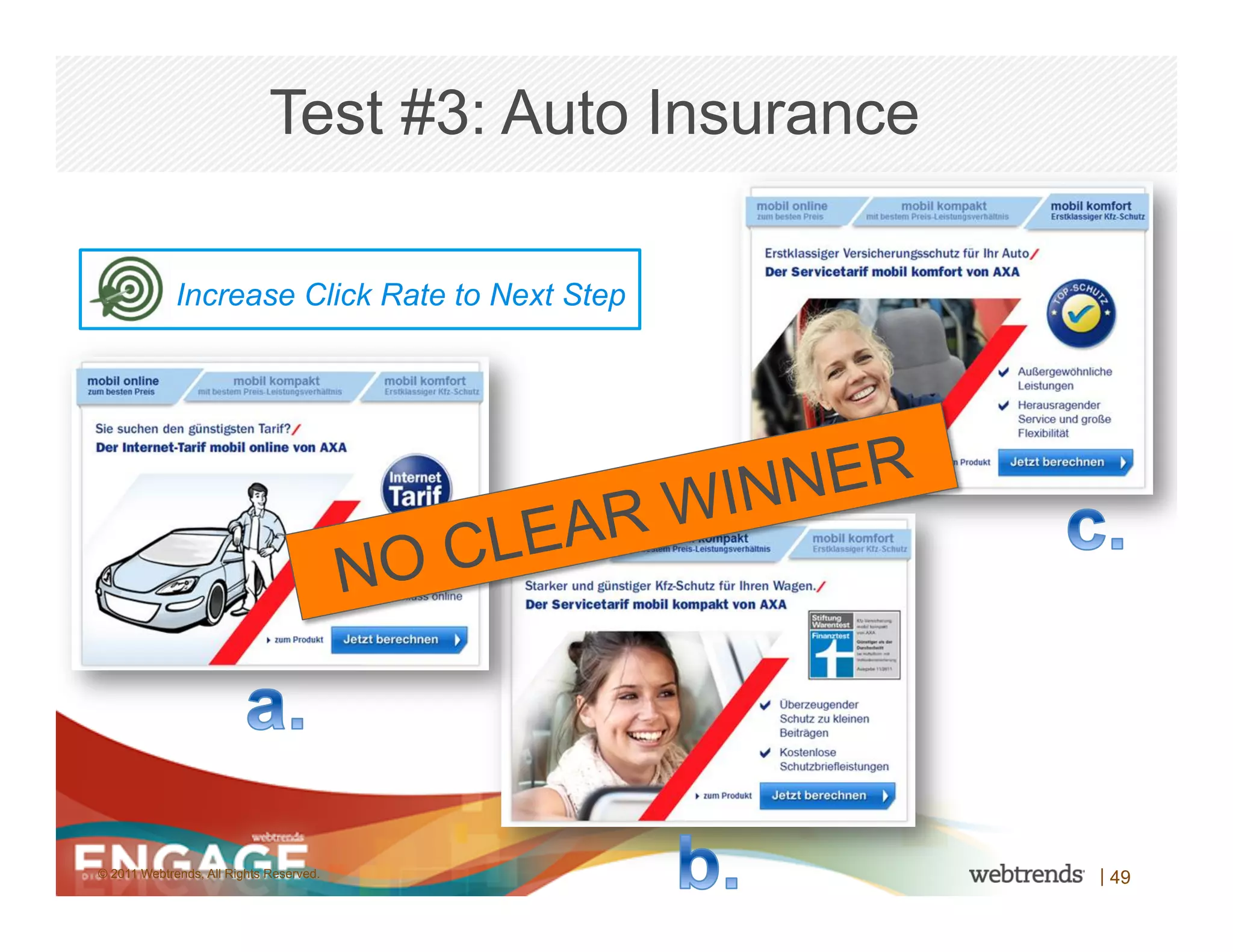 Test #3: Auto Insurance

             Increase Click Rate to Next Step




                                                     WIN NER
                                              CL EAR
                                         NO



© 2011 Webtrends, All Rights Reserved.                         | 49
 