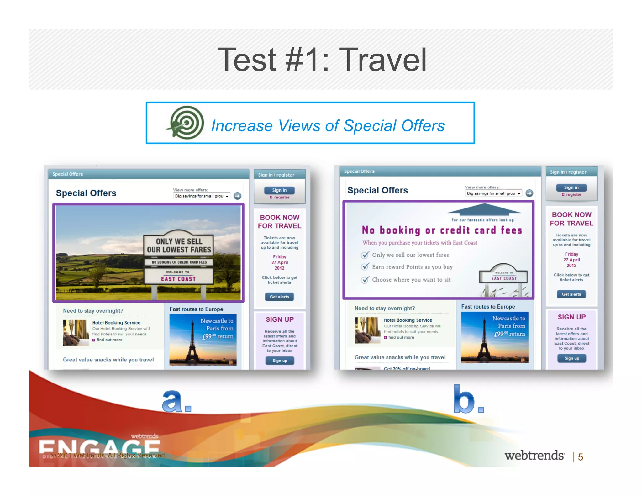 Test #1: Travel
                                         Increase Views of Special Offers




© 2011 Webtrends, All Rights Reserved.                                      |5
 