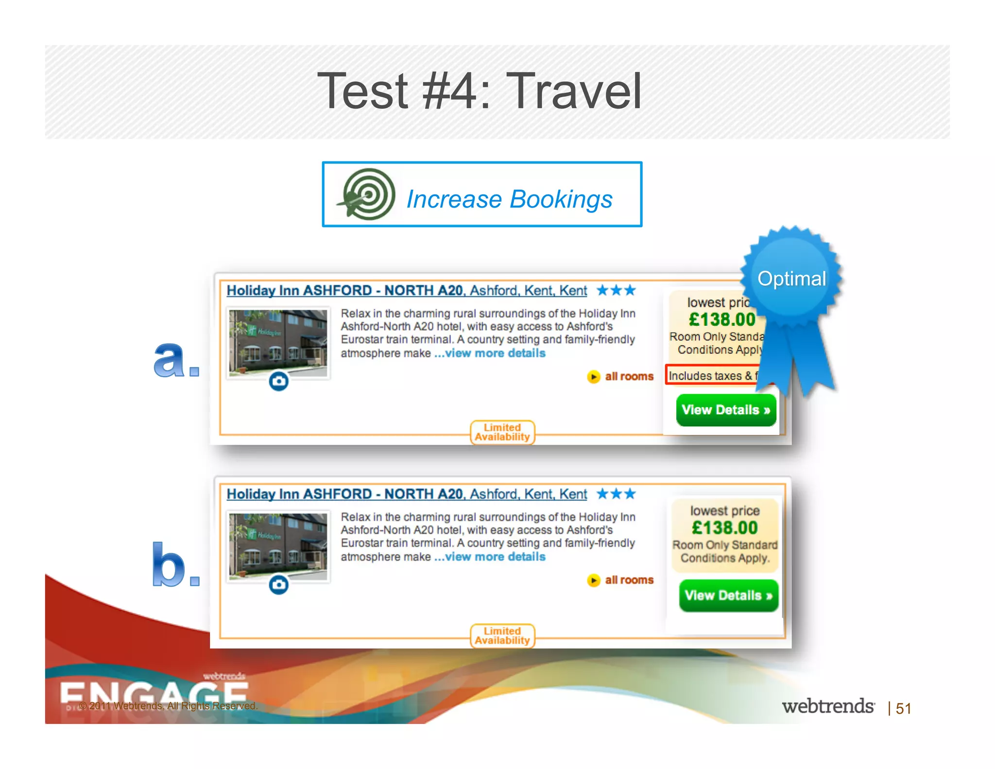 Test #4: Travel
                                             Increase Bookings


                                                                 Optimal




© 2011 Webtrends, All Rights Reserved.                                     | 51
 