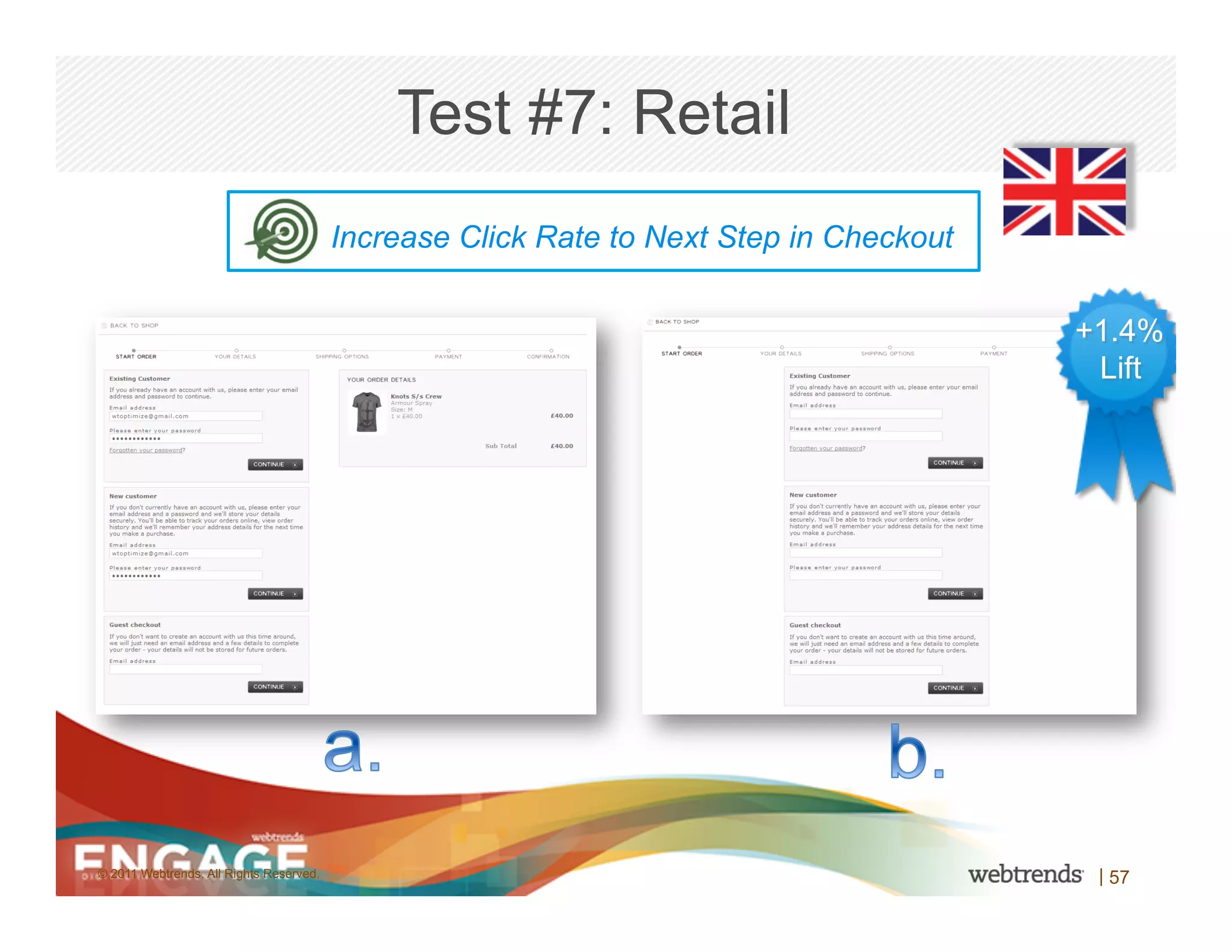 Test #7: Retail
                                         Increase Click Rate to Next Step in Checkout


                                                                                        +1.4%
                                                                                         Lift




© 2011 Webtrends, All Rights Reserved.                                                   | 57
 
