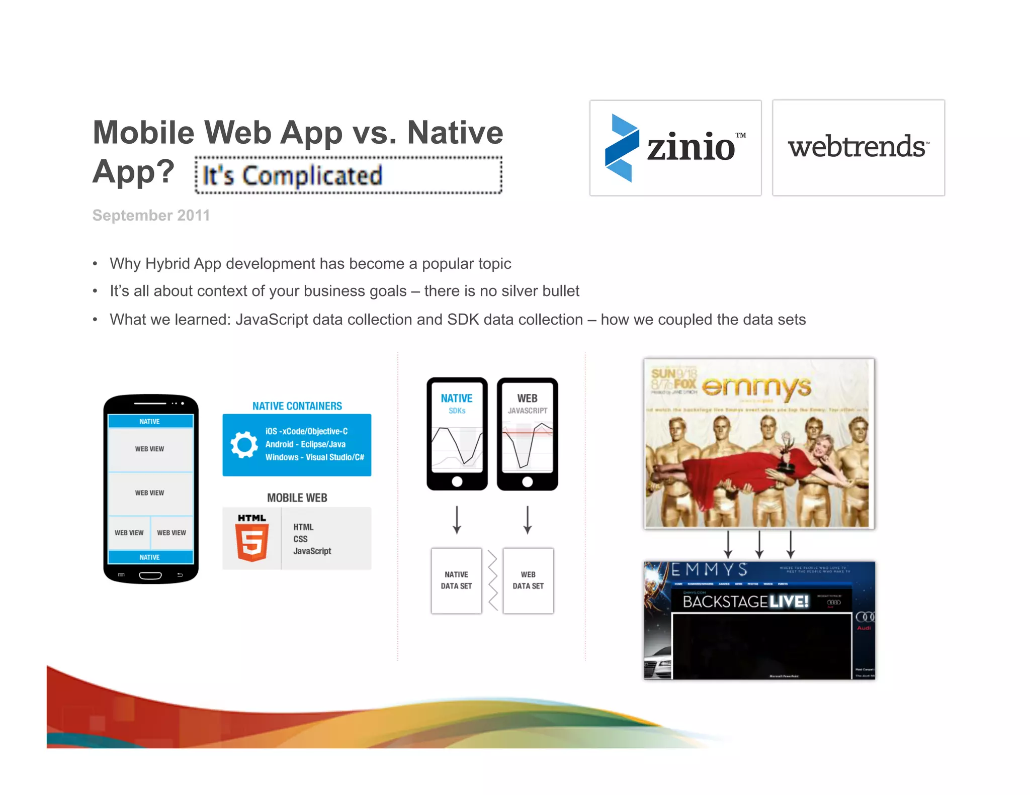 Mobile Web App vs. Native
App?
September 2011


•  Why Hybrid App development has become a popular topic
•  It’s all about context of your business goals – there is no silver bullet
•  What we learned: JavaScript data collection and SDK data collection – how we coupled the data sets
 