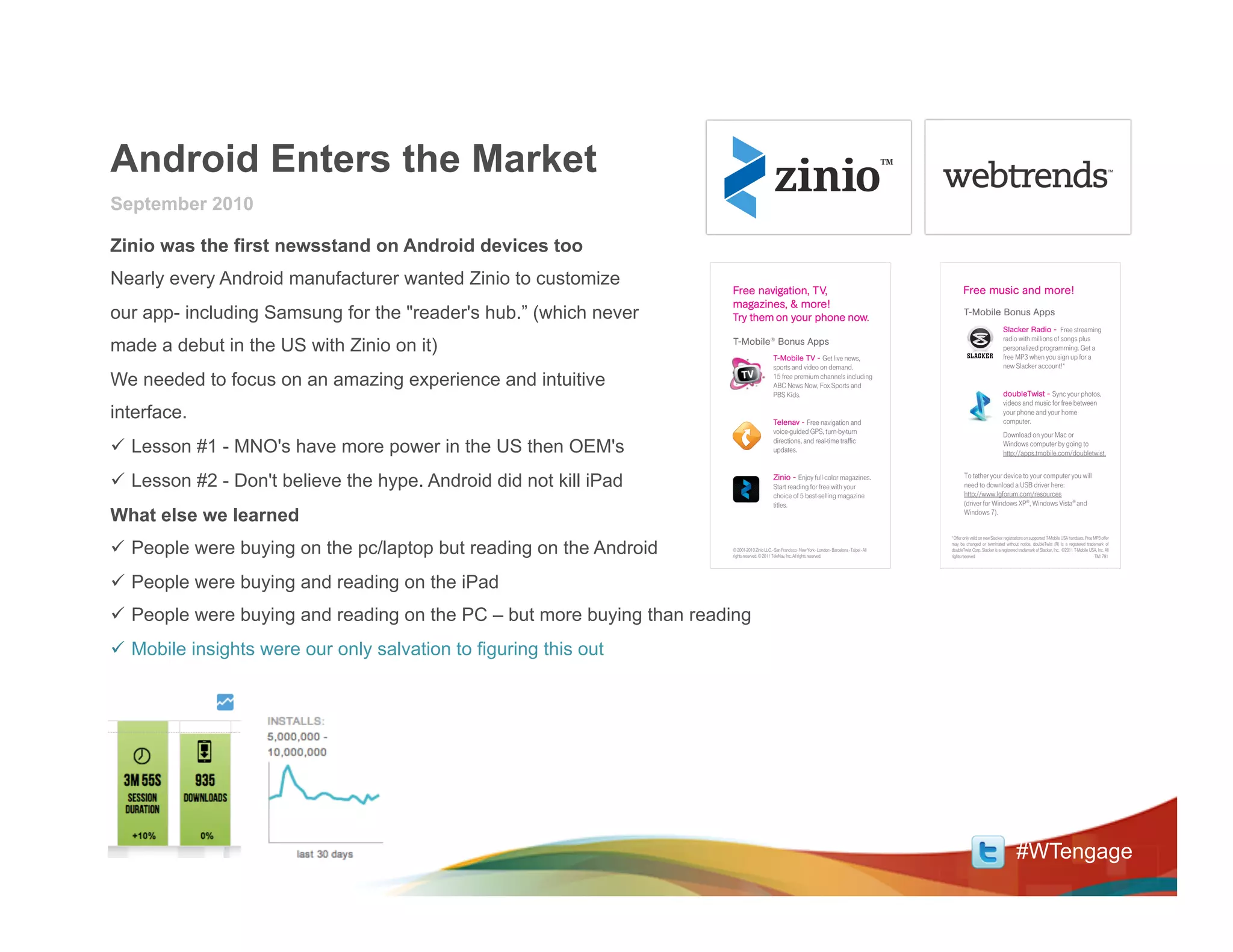 Android Enters the Market
September 2010

Zinio was the first newsstand on Android devices too
Nearly every Android manufacturer wanted Zinio to customize
                                                                               Free navigation, TV,                                                                           Free music and more!
                                                                               magazines, & more!
our app- including Samsung for the "reader's hub.” (which never                Try them on your phone now.
                                                                                                                                                                              T-Mobile Bonus Apps
                                                                                                                                                                                                      Slacker Radio - Free streaming
                                                                                                                                                                                                      radio with millions of songs plus
made a debut in the US with Zinio on it)                                        T-Mobile® Bonus Apps
                                                                                                        T-Mobile TV - Get live news,
                                                                                                                                                                                                      personalized programming. Get a
                                                                                                                                                                                                      free MP3 when you sign up for a
                                                                                                        sports and video on demand.                                                                   new Slacker account!*

We needed to focus on an amazing experience and intuitive                                               15 free premium channels including
                                                                                                        ABC News Now, Fox Sports and
                                                                                                        PBS Kids.                                                                                     doubleTwist - Sync your photos,
                                                                                                                                                                                                      videos and music for free between
interface.                                                                                              Telenav - Free navigation and
                                                                                                                                                                                                      your phone and your home
                                                                                                                                                                                                      computer.
                                                                                                        voice-guided GPS, turn-by-turn                                                                Download on your Mac or
ü  Lesson #1 - MNO's have more power in the US then OEM's
                                                                                                        directions, and real-time traffic                                                             Windows computer by going to
                                                                                                        updates.                                                                                      http://apps.tmobile.com/doubletwist.


ü  Lesson #2 - Don't believe the hype. Android did not kill iPad                                       Zinio - Enjoy full-color magazines.
                                                                                                        Start reading for free with your
                                                                                                                                                                              To tether your device to your computer you will
                                                                                                                                                                              need to download a USB driver here:
                                                                                                        choice of 5 best-selling magazine                                     http://www.lgforum.com/resources
                                                                                                        titles.                                                               (driver for Windows XP®, Windows Vista® and
What else we learned                                                                                                                                                          Windows 7).


                                                                                                                                                                       *Offer only valid on new Slacker registrations on supported T-Mobile USA handsets. Free MP3 offer

ü  People were buying on the pc/laptop but reading on the Android             © 2001-2010 Zinio LLC. - San Francisco - New York - London - Barcelona - Taipei - All
                                                                               rights reserved. © 2011 TeleNav, Inc. All rights reserved.
                                                                                                                                                                       may be changed or terminated without notice. doubleTwist (R) is a registered trademark of
                                                                                                                                                                       doubleTwist Corp. Slacker is a registered trademark of Slacker, Inc. ©2011 T-Mobile USA, Inc. All
                                                                                                                                                                       rights reserved                                                                         TM1791




ü  People were buying and reading on the iPad
ü  People were buying and reading on the PC – but more buying than reading
ü  Mobile insights were our only salvation to figuring this out
                                                                                                                                                  2
                                                                     T-Mobile | G2x Insert

                                                                     Rnd02.02 : Design | 04.07.11




                                                                                                                                                                                                              #WTengage
 