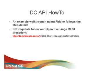 DC API HowTo
•  An example walkthrough using Fiddler follows the
   step details
•  DC Requests follow our Open Exchange REST
   precedent:
•    http://dc.webtrends.com/v1/[DCS ID]/events.svc?dcsformat=plain
 